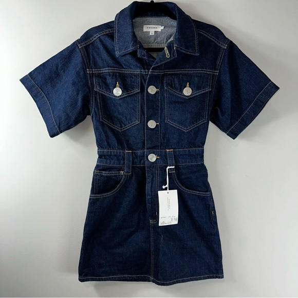 FRAME Denim Oversized Button Detail Dark Blue Denim Mini Dress Women Size XS - Picture 2 of 12